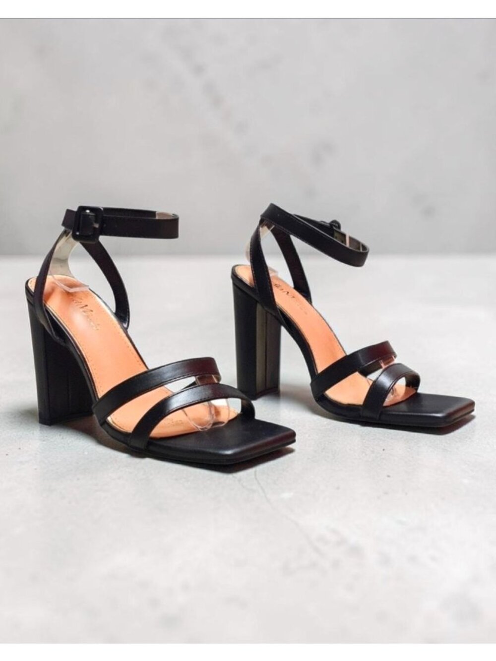 Strappy Black Block Heel Sandals With Square Toe Adjustable Ankle Strap